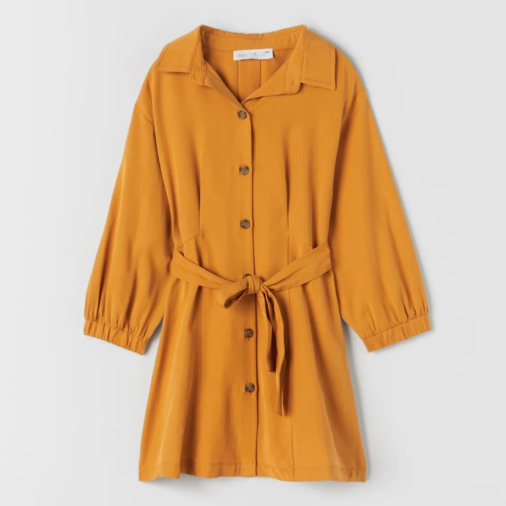 Zara Girl 9 10 Yellow Long Sleeve Shirt Dress Tie Belt